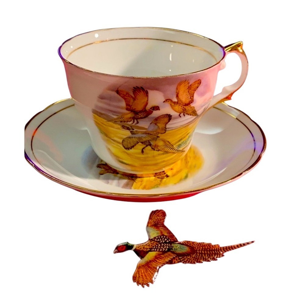 Regency, Cup & Saucer with Pheasant flying in orange evening sky. Bone China - Picture 6 of 8